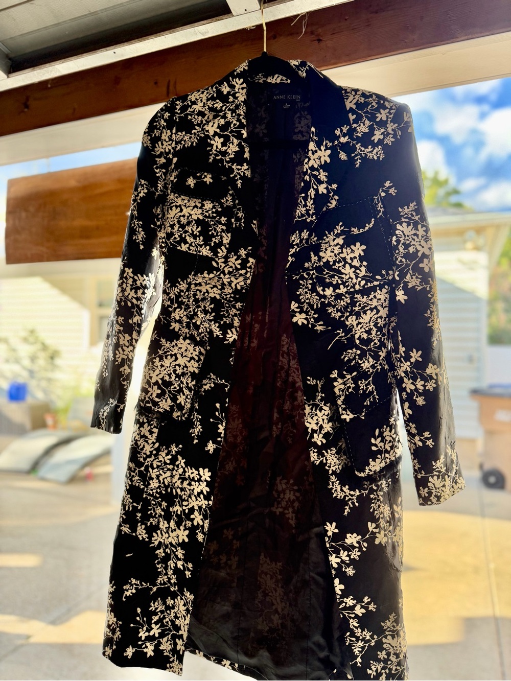 Anne Klein Black Floral  Jacquard Long Coat